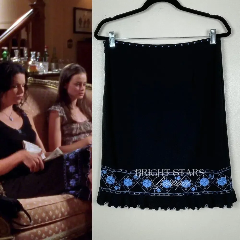 Rare Embroidered Skirt ASO Lorelai Gilmore Girls Vintage Black Blue Embroidered